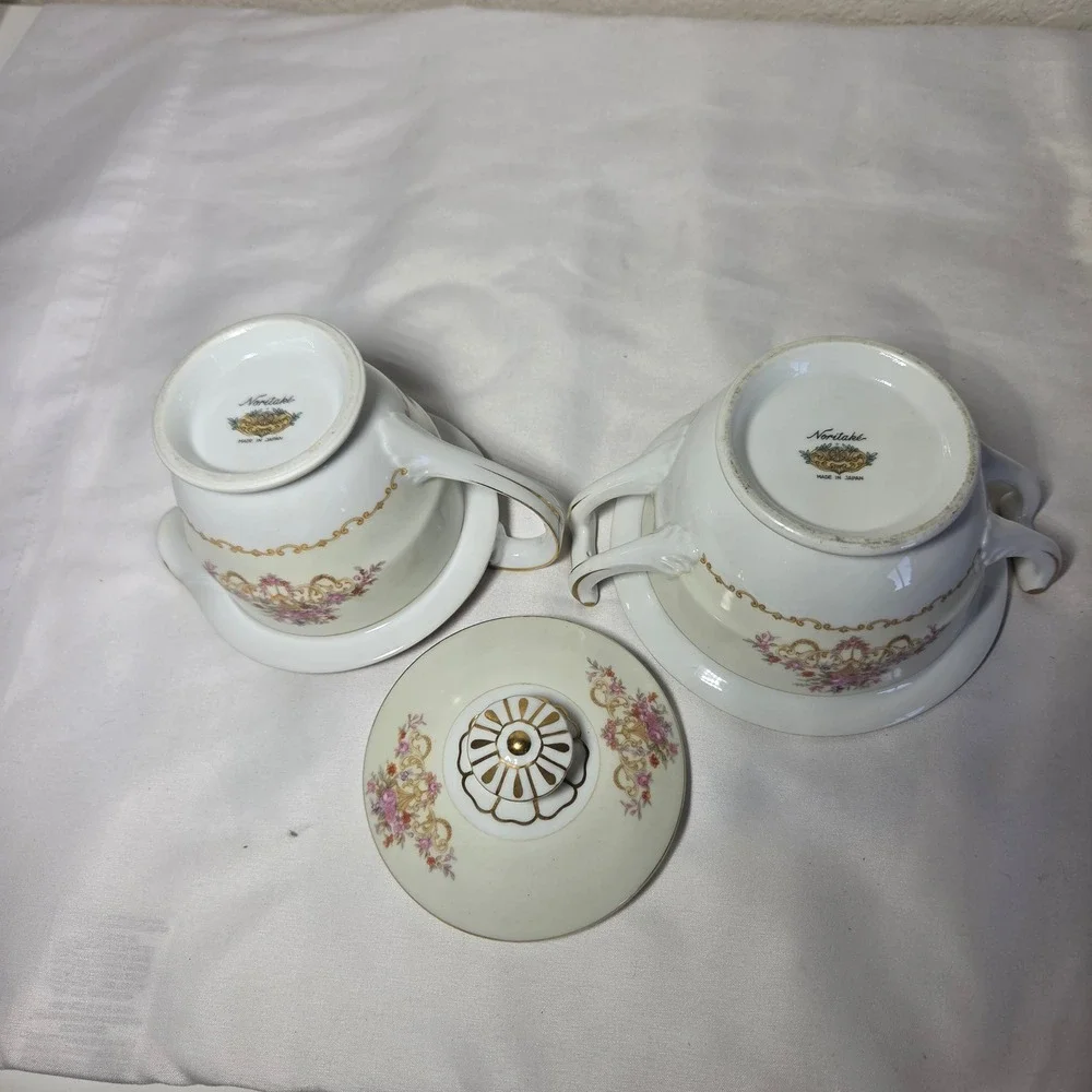Noritake Vintage Floral Sugar Bowl and Creamer Set Gold Trim Made in Japan